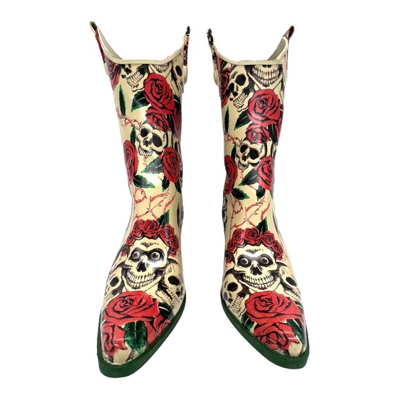 NWOT Rose & Skull Rain Boots Women's Size 11 (Runs Small) Western Rain Boots - Picture 3 of 13